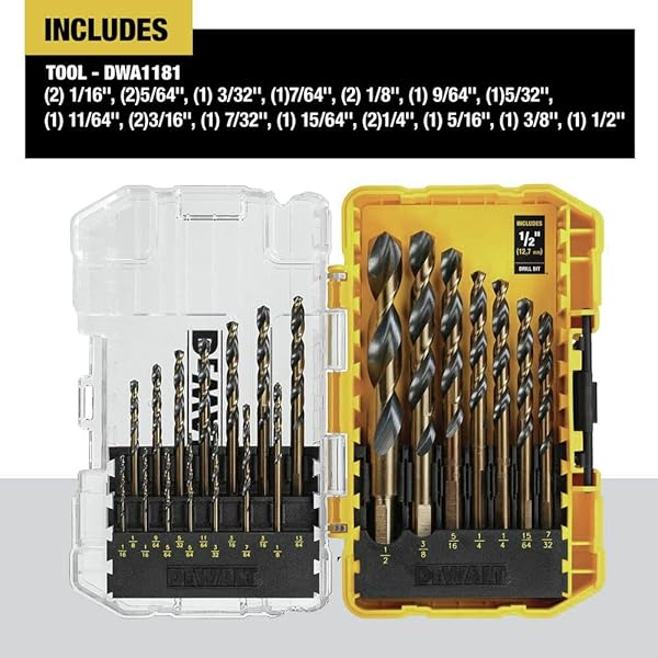DEWALT DRILL BIT SET, 21 PC HIGH SPEED STEEL DEWALT BITS, BLACK AND GOLD OXIDE COATED, 135 DEGREE SPLIT POINT, 31 DEGREE HELIX (DWA1181)