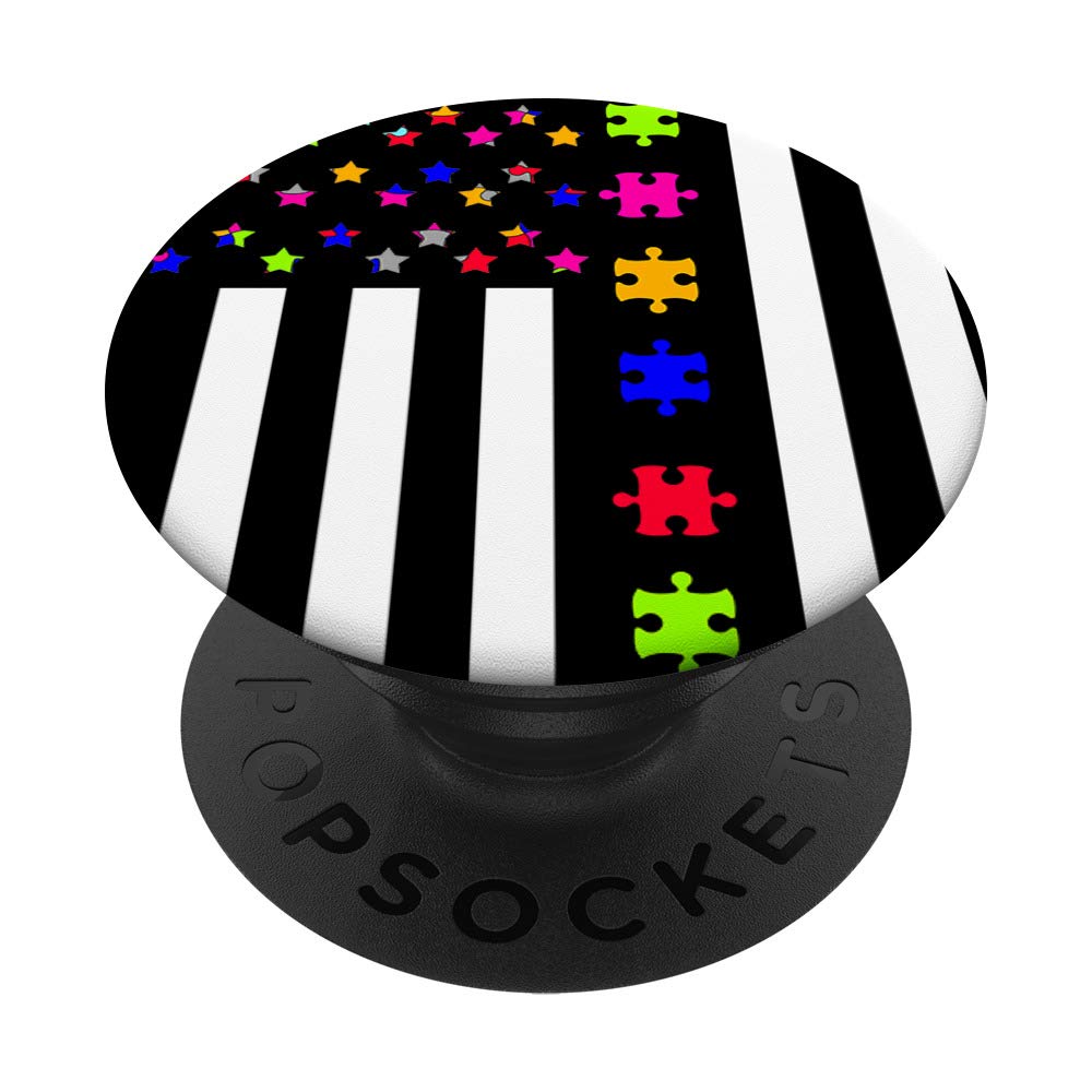 American Flag Puzzle Pieces Autism Awareness Patriotic Gift PopSockets PopGrip: Swappable Grip for Phones & Tablets