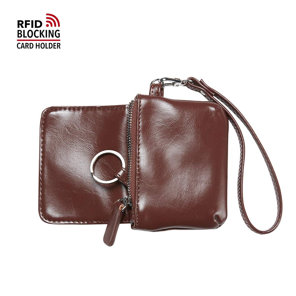 Womens Small Wristlet Leather Coin Purse, RFID Blocking Credit Card Wallet Case (Coffee)