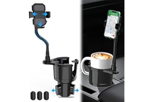 Sinvanho Car Cup Holder Expander with Phone Mount, 2 in 1 Automotive Cell Phone Drink Holder Adapter with Adjustable Base Long Gooseneck 360° Rotation, Fits Any Smartphones and Most Bottles Black