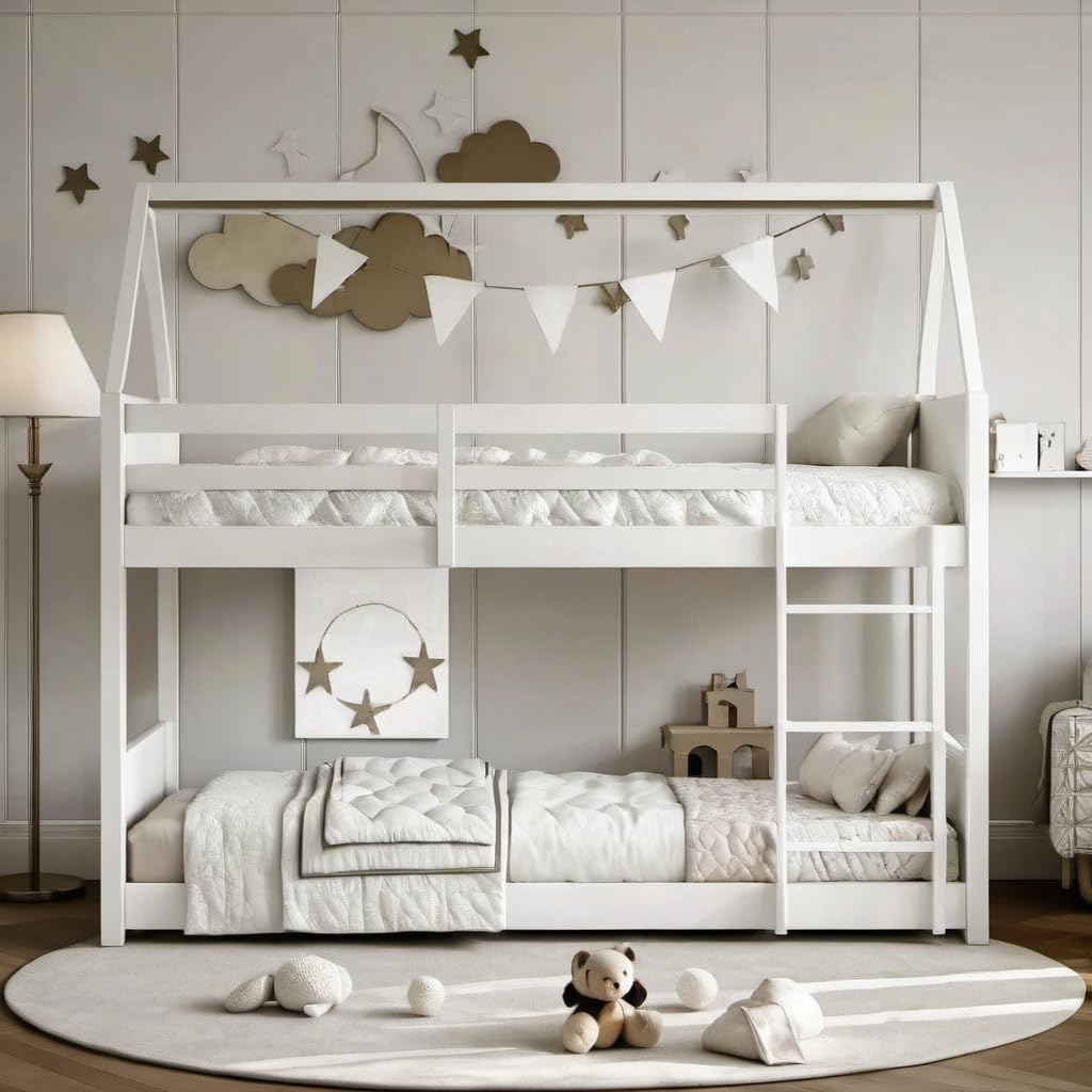 Photo 1 of PVWIIK Twin Over Twin House Floor Bunk Bed with Headboards and Footboards & Ladder & Guardrails,Solid Wood Bunk Bed Frame,No Box Spring Needed,White