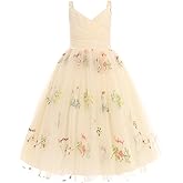 OBEEII Flower Girl Dress for Wedding Pleated V Neck Satin Tulle Princess Dress Junior Bridesmaids Pageant Formal Ball Gown