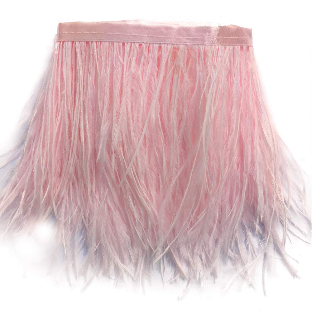 Sowder Ostrich Feathers Trims Fringe with Satin Ribbon Tape for Dress Sewing Crafts Costumes Decoration Pack of 2 Yards(Light Pink)