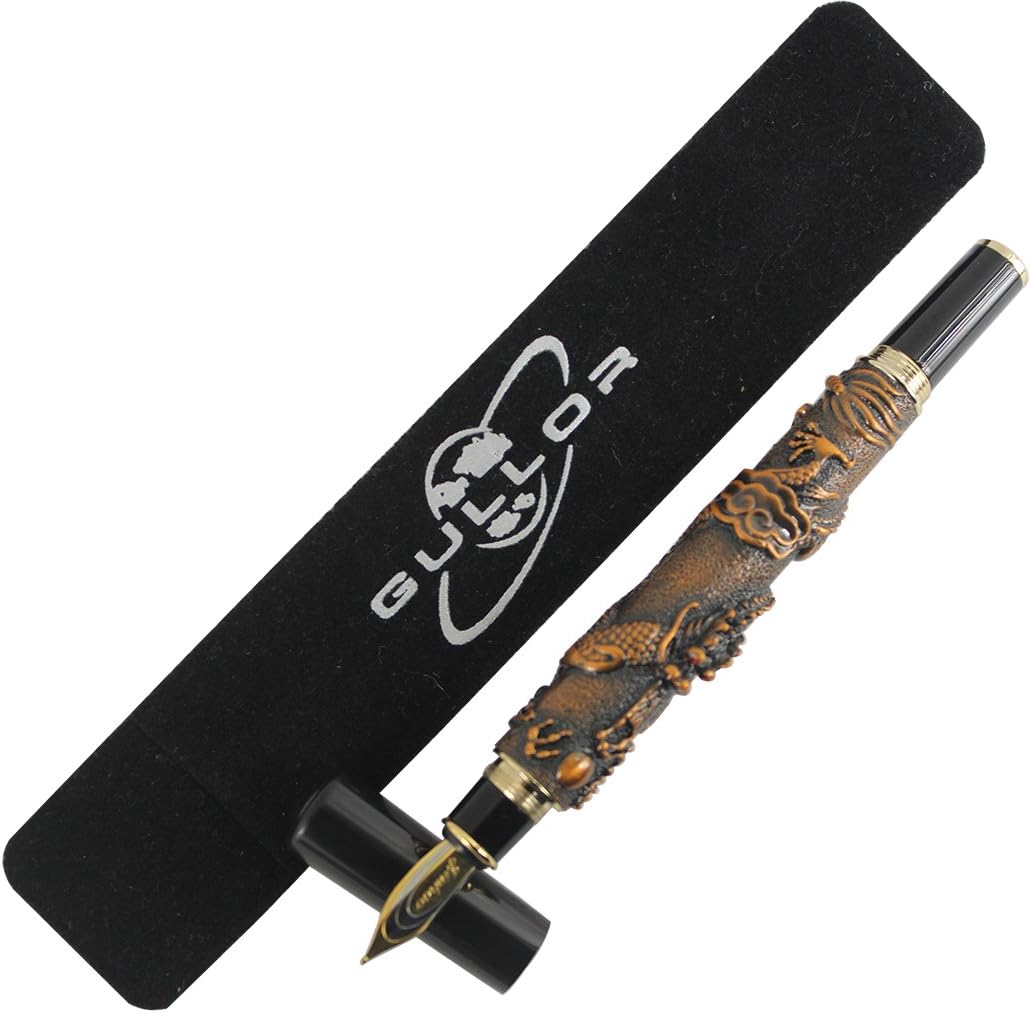 Gullor Chinese Dragon Antique Silver Basso-relievo Fountain Pen Original Gift Box Pen Pouch Ink Cartridges Set - Red Copper - Image 3