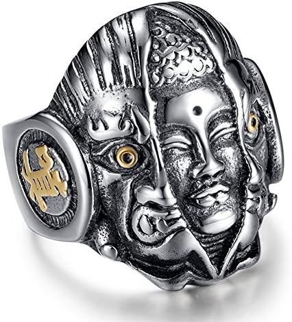JINSHIYINYU Men's Stainless Steel Buddha Retro Gods Head Silver Black Religious Ring
