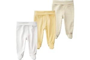 ACESTAR Newborn Infant Baby Boys Girls 3-Pack Cotton High Waist Footed Pants with Feet 0-12 Months