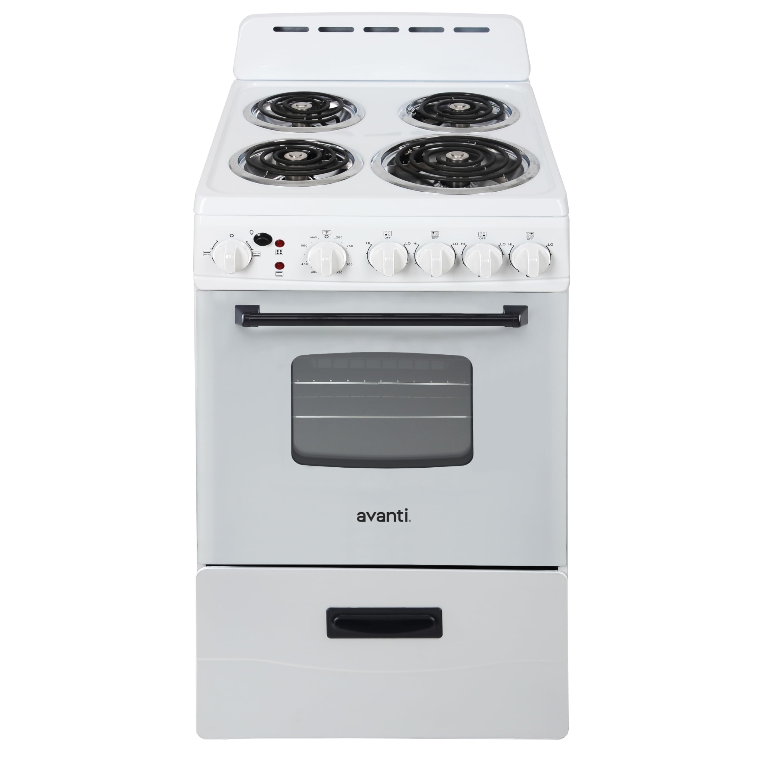 Photo 1 of ***DAMAGED, DENTED / BENT SOME SCUFFS/SCRATCHES*** 
Avanti ERU200P0W Electric Range Oven Compact Design, 2.1-Cu.Ft. Capacity with 4 Coil Burners, Framed Glass Door, Storage Drawer and Broiler with Pan, 20-Inch, White  