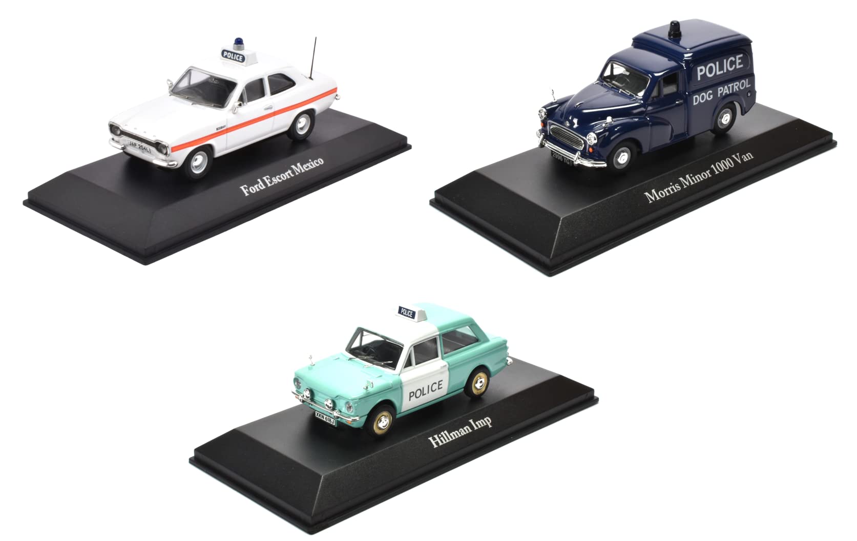 - Set of 3 ENGLISH POLICE CARS 1/43: MORRIS MINOR 1000 VAN + HILLMAN IMP + FORD ESCORT MEXICO (Ref: UK-4-5-10)