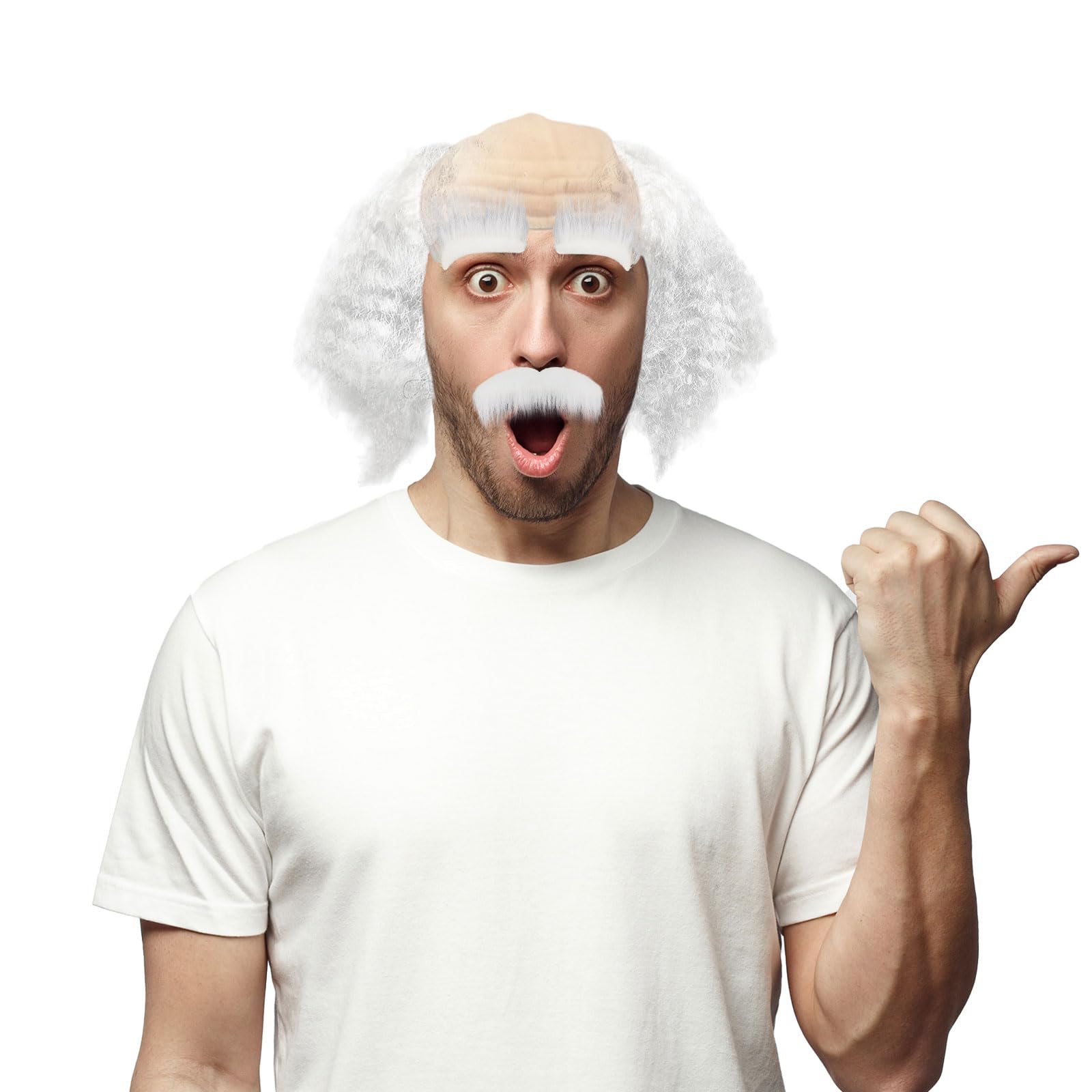 XNIVUIS Grandpa Wig Set - Costume Wig with Mustache, Eyebrows, Old Man Style - White, Curly, Bald - Scientist, Crazy Professor - Man Fancy Dress Wig for Halloween, Carnival, Party