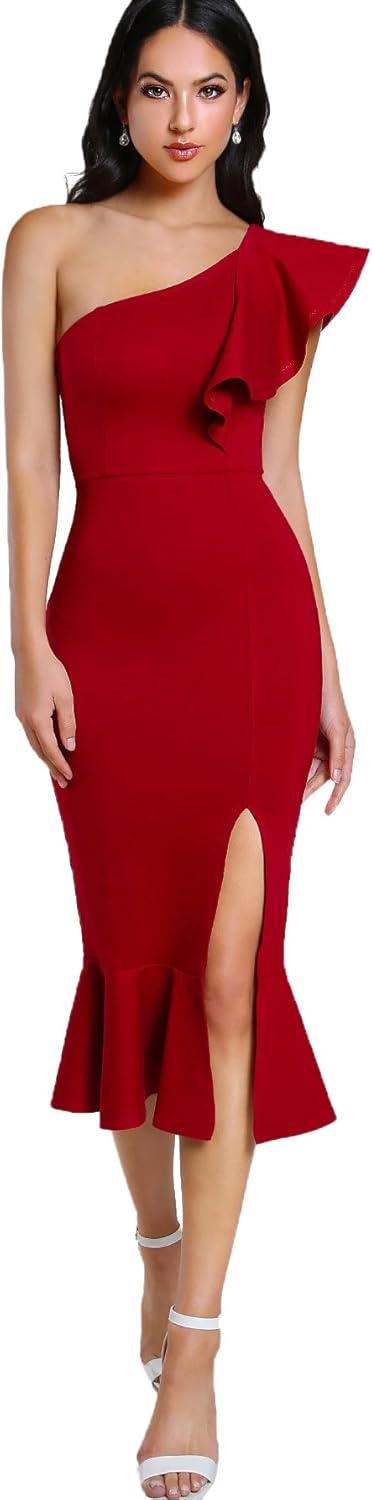 one shoulder split midi dress