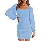 OKIFOIR Mesh Cocktail Dresses for Women Elegant Square Neck Lantern Long Sleeve Mini Ruched Bodycon Party Dress