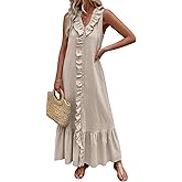 chouyatou Women's Summer Beach Cotton Tank Dress Linen Boho Sleeveless Tiered Ruffle Maxi Long Sundress