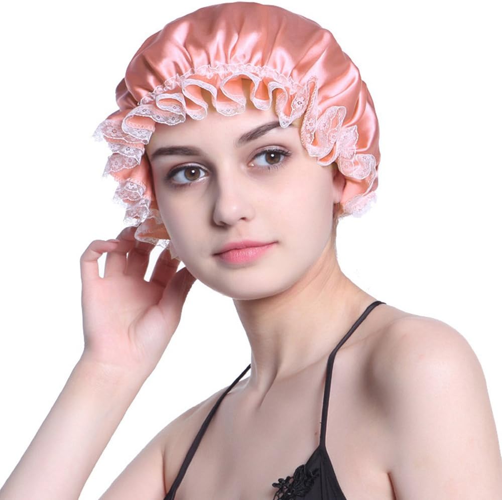 Mulberry Silk Sleep Night Cap Elastic Brand Lace For Curly Springy Hair (Rose red)