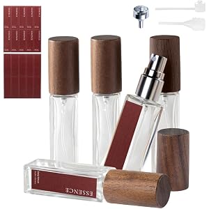 Cryslora 5 Perfume Atomizer, Refillable Spray Perfume Bottles with Stickers | Real Wood Lid, Classic Looking, Leak-Proof, Com