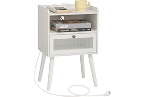 AWASEN White Nightstand with Charging Station, Modern Bedside Table with Glass Decorative Drawer, Small End Table Side Table with 2 Tiers Storage Space, for Bedroom, Office and Small Space(White)