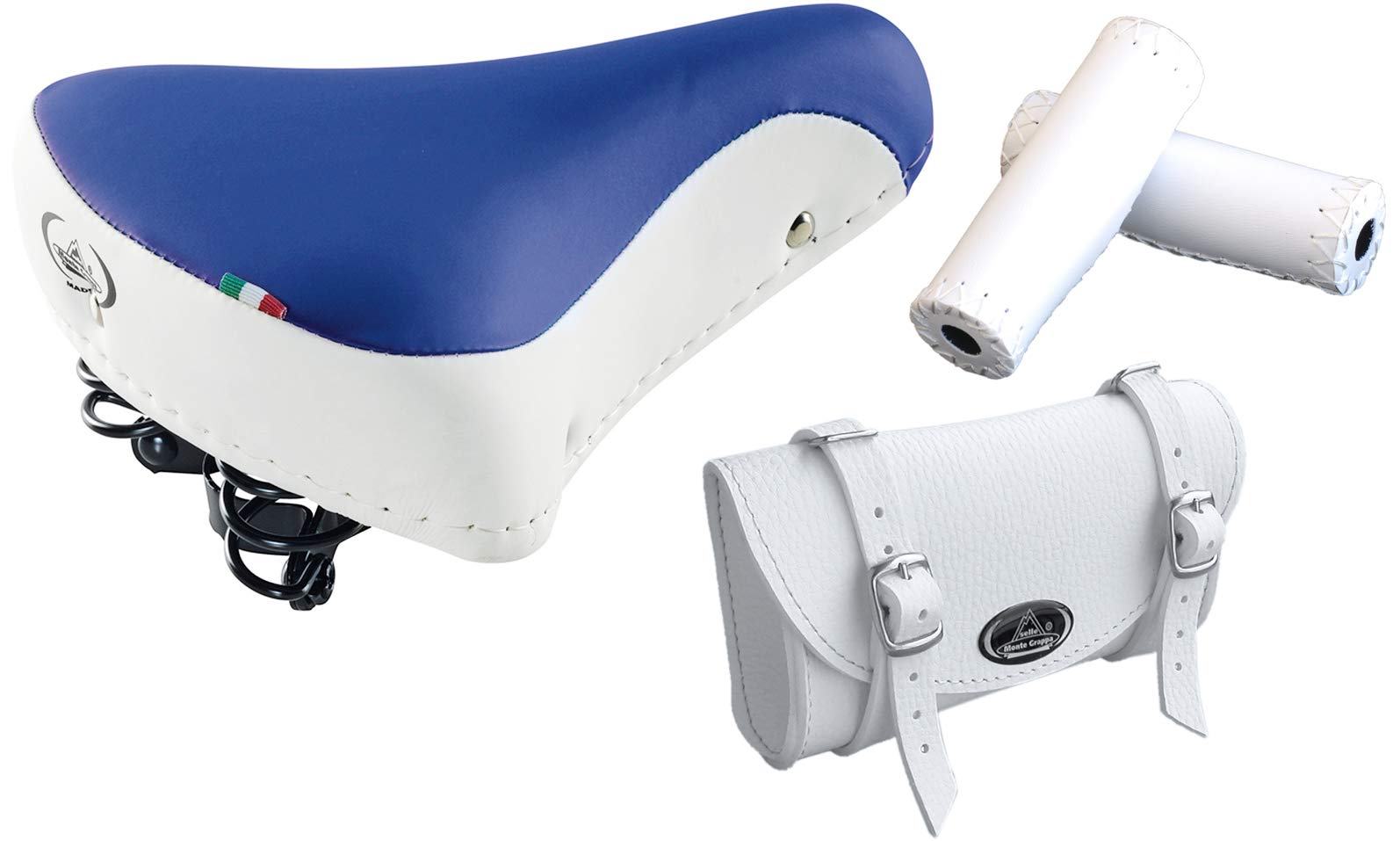 Tris Montegrappa (white/blue + white): vintage saddle MOD. 08/F + bag MOD 0016 + handles…