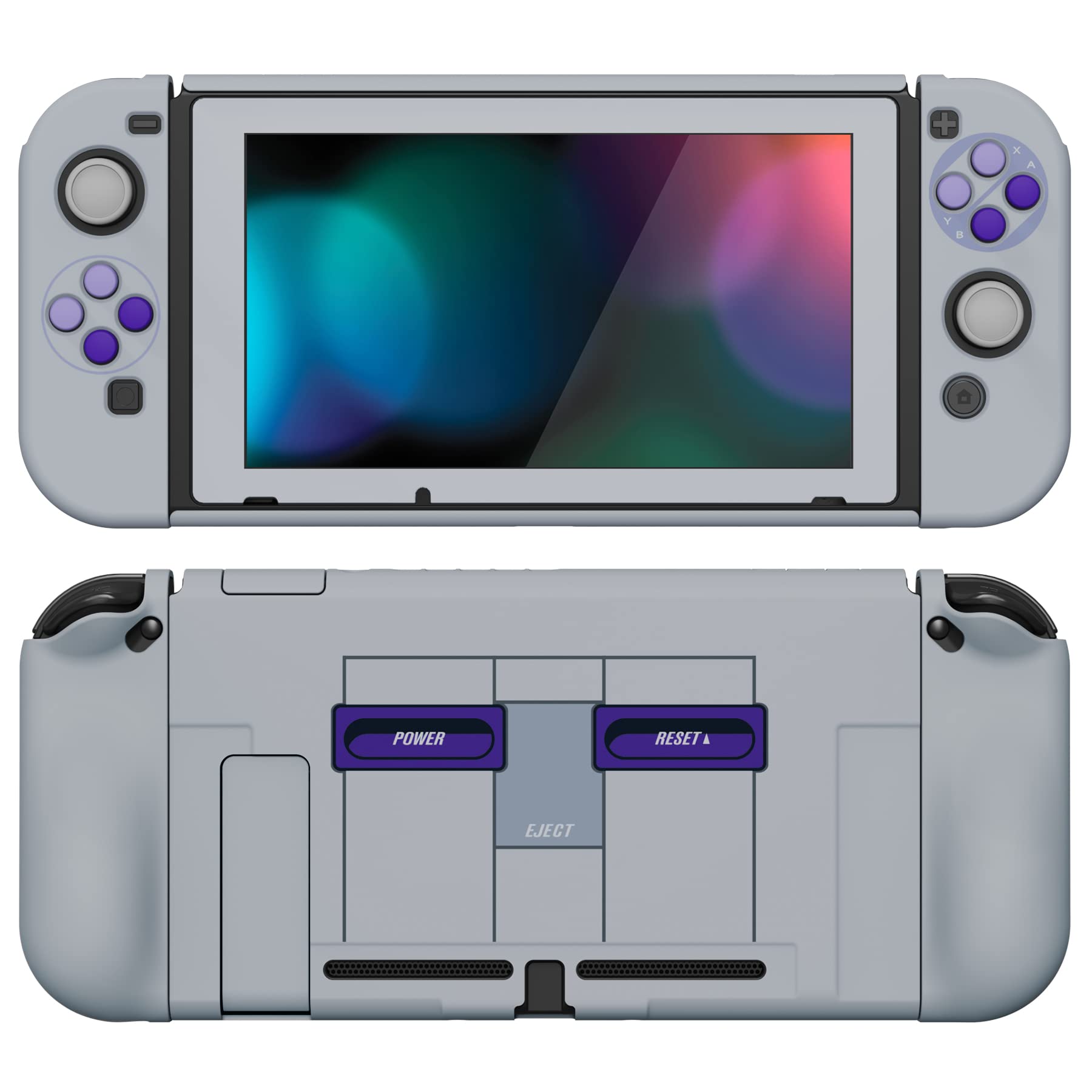 PlayVital AlterGrips Ergonomic Grips Cover for Nintendo Switch, [2 Design] Interchangeable Comfort Dockable Protective Case with Screen Protector & Thumb Grip Buttons Caps - Classics SNES Style