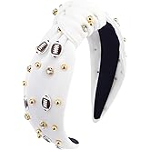 YARIEW Pearl Rhinestone Jeweled Knotted Headband Top Knot Hair Accessory for Women Sports Fans & Mom Gifts (White)