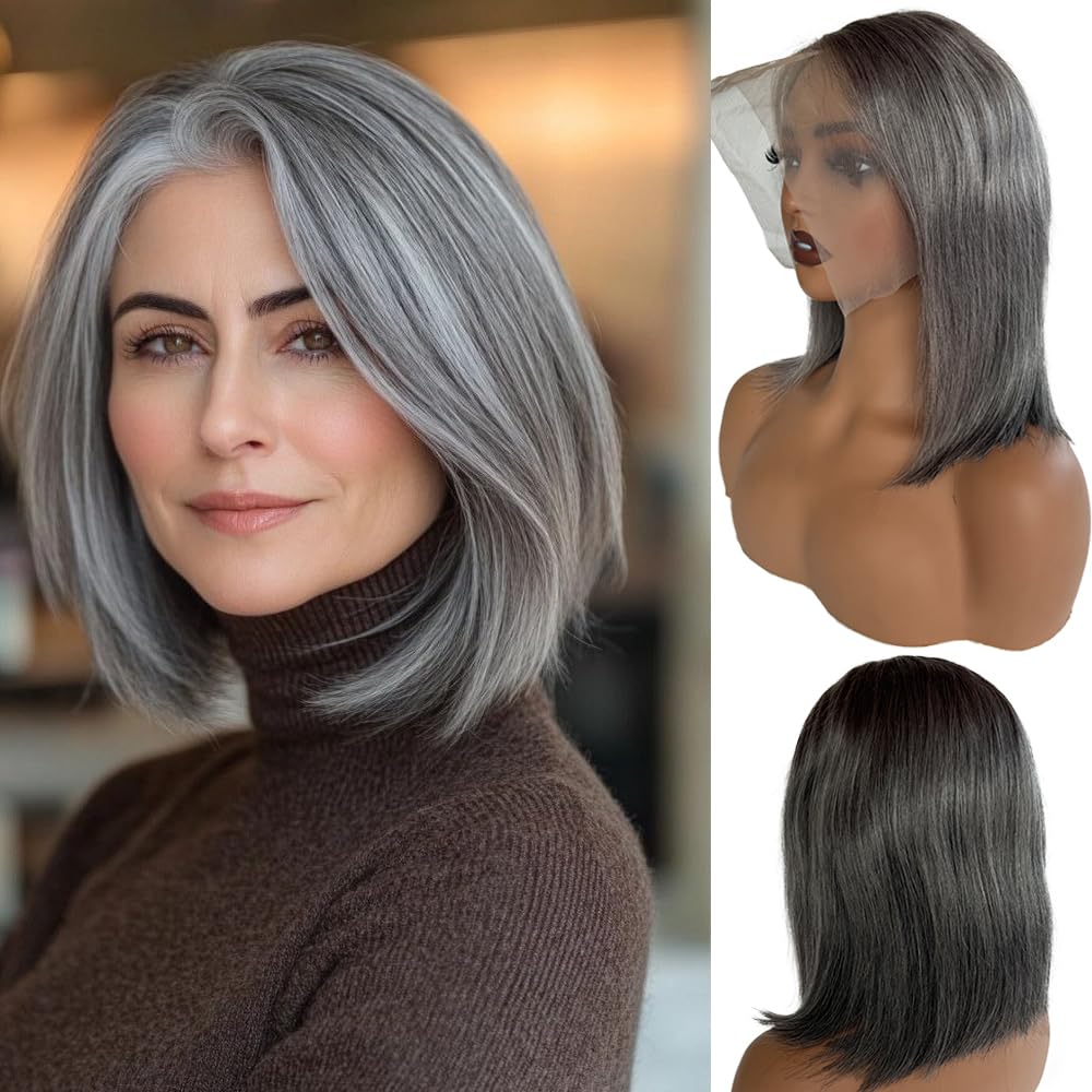 Photo 1 of Belaved Bob Lace Front Wigs Human Hair Grey Salt & Pepper 12 Inch Ombre Silky Straight Balck Mix Grey Short Bob 13x4 HD Lace Frontal 180% Density Pre Plucked Bleached Knots Glueless