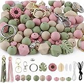 Lovyomi 119Pcs Green 12mm 15mm Silicone Beads for Keychain Making,Leaf Sunflower Flower Silicone Focal Beads for Pens,Breakaway Clasps Tassels Keychains for Lanyard Making DIY Accessories