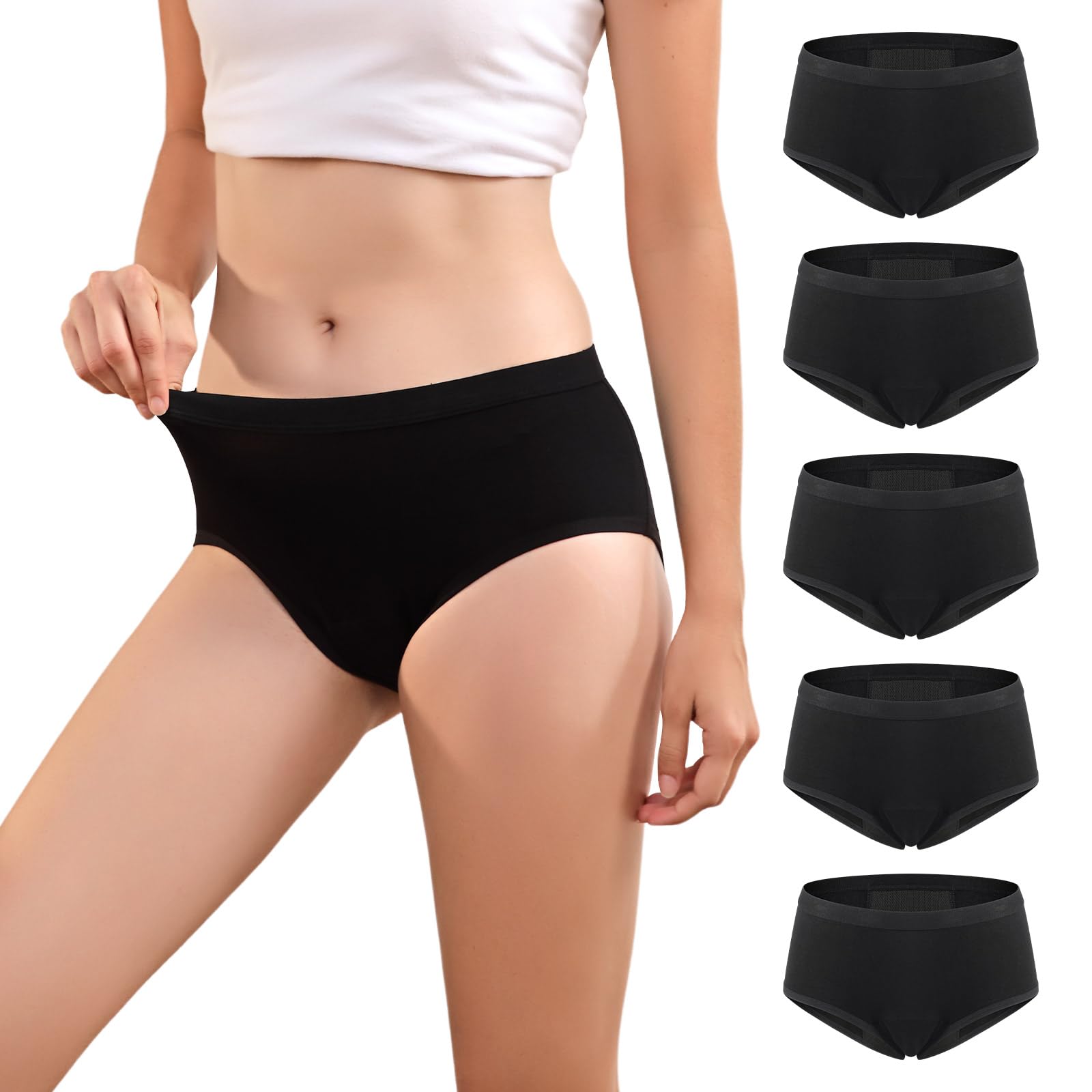 Carer 5 Pcs Period Pants Women Menstrual Underwear Reusable and Absorbent Period Underwear for Menstruation Leakproof Size L Black