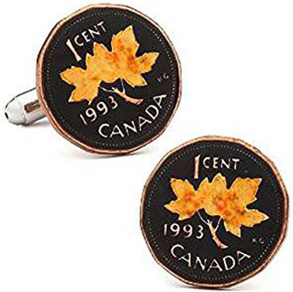Men's Executive Cufflinks Hand Painted Canadian Maple Leaf 1993 1 Cent Coin Cuff Links