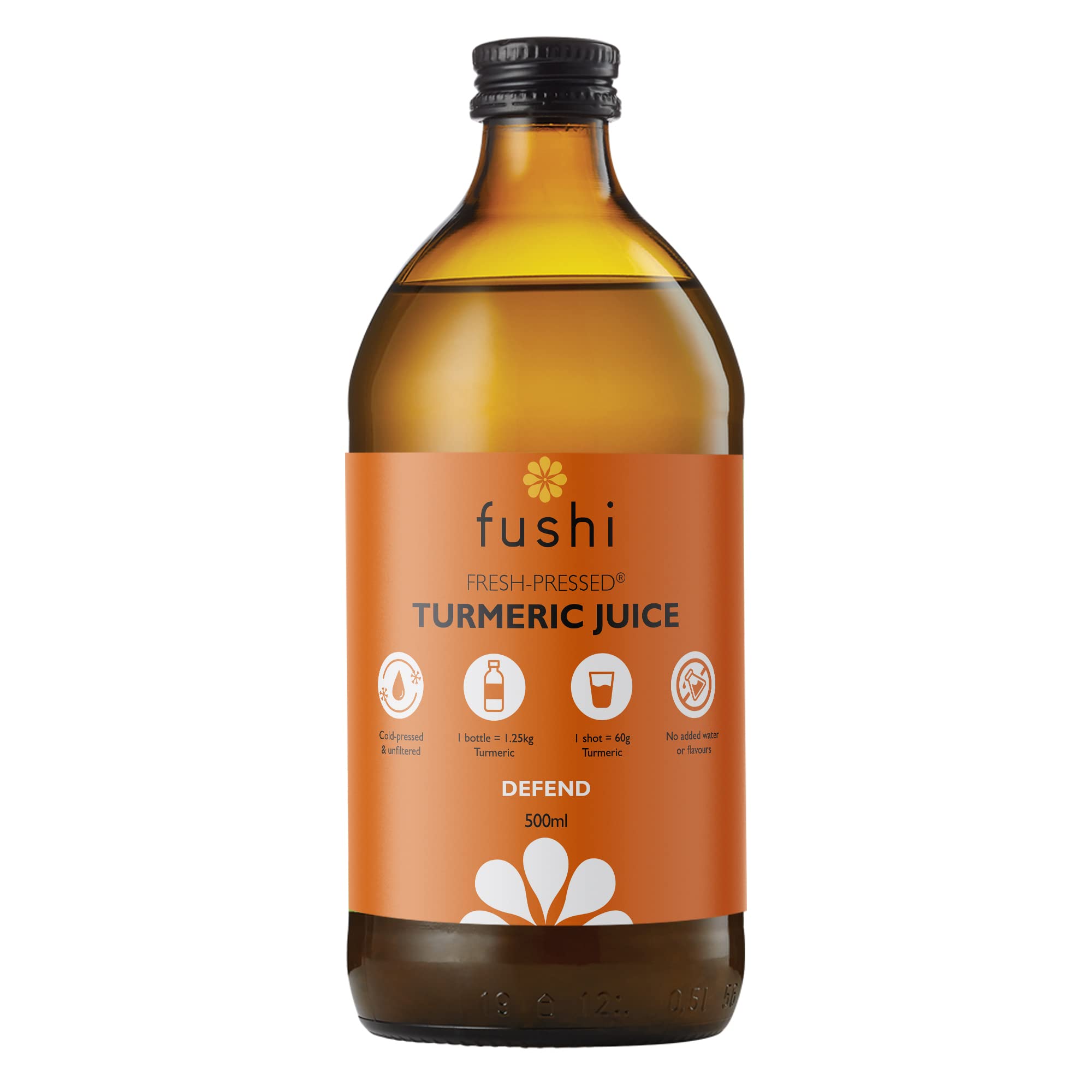 Fushi Turmeric Juice 500ml | Cold-Pressed 16+ Shots per Bottle | 75g of Fresh Turmeric Root in Every Shot No Synthetic additives Natural Preservative No Added Sugar
