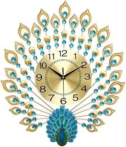 TIANTA- Luxury gold three-dimensional peacock diamond wall clock wrought iron bedroom living room silent European-style home decor ( Color : Gold , Size : 6570cm )