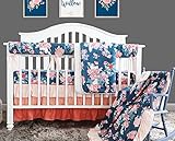 Coral Navy Floral Baby Crib Bedding Set Minky Blanket Crib Rail Cover Peach Navy Floral Girl Crib Set Floral Ruffled Crib Skirt (4 pcs Set)