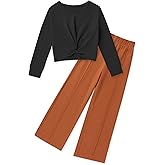 Girls Fall Outfits Fashion Solid Long Sleeve Twist Crop Tops and Wide Leg Pants Girls Clothing Set