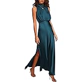 xxxiticat Women's Satin Tank Dress Elegant Sleeveless Mock Neck Split Hem Slip Wedding Party Formal Maxi Dress