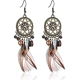 MALOYANVE Punk Vintage Brown Long Tassel Feather Beads Drop Wolf Tooth Pendant Earring Bohemian Fish Hook Dream Catcher Design Earrings Gift for women