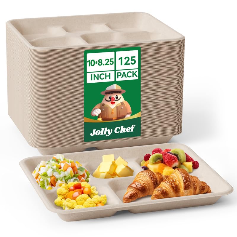 Photo 1 of JOLLY CHEF Compostable Disposable Paper Plates Compartment (Brown, 10 * 8.25in-125pack)