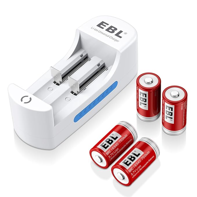 EBL Li-ion Universal Battery Charger with 4 Pack 3.7V 750mAh 16340 RCR123A Lithium-ion Rechargeable Batteries