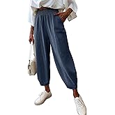 Dokotoo Womens Cotton Baggy Wide Leg Pants Casual Elastic Waisted Loose Lounge Harem Pants with Pockets