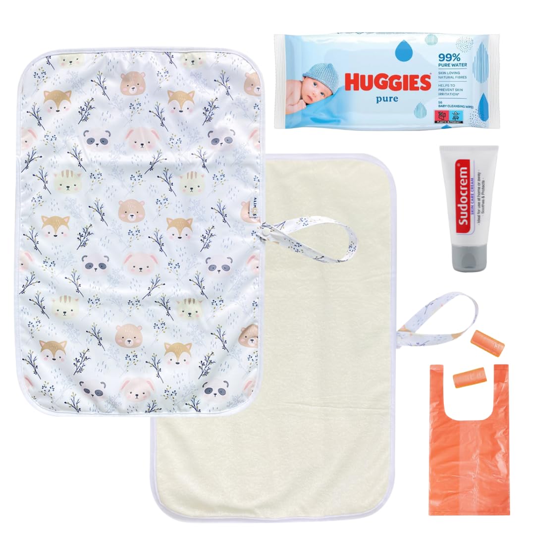 Alimos On the Move Changing Mat - Lightweight, Foldable and Portable Nappy Changing Mat Bundled with Sudocrem 30g, Baby Wipes and 50 Nappy Sacks