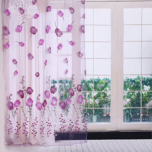Zerodis 100x200 cm Colorful Tulips Printing Window Curtains Sheer Drape Tulle Draperies for Balcony Living Room Bedroom Kitchen Decorations(Purple)
