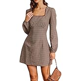 RIHOAS Women's Brown Plaid Square Neck A-Line Mini Dress, Long Sleeve Puffed Sleeve Work Dress