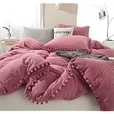 IHOUSTRIY Duvet Cover Queen Size,100% Washed Microfiber 3pcs Bedding Duvet Cover Set, Pom Poms Fringe Solid Color Soft and Breathable with Zipper Closure &amp; Corner Ties (Old Pink, Queen)