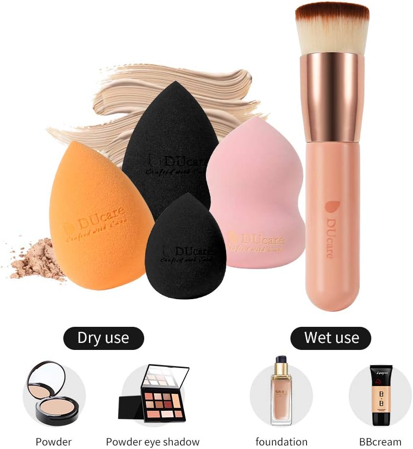 DUcare 5Pcs Makeup Sponge and Foundation Brush Set, Non-Latex Beauty Blenders, Flat Top Kabuki Brush - Image 5