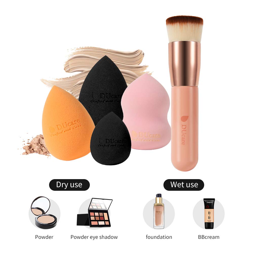 DUcare Kabuki Foundation Brush 1Pcs & 4Pcs Makeup Sponges - Foundation Synthetic Buffing Stippling Brush& Professional Beauty Makeup Sponge Blender for Liquid Blending Mineral Powder Makeup Tools: Beauty
