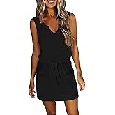 SAUKOLE Womens Sleeveless T Shirt Dresses Casual Cute Floral Print Short Dress Summer Fashion Front Pockets