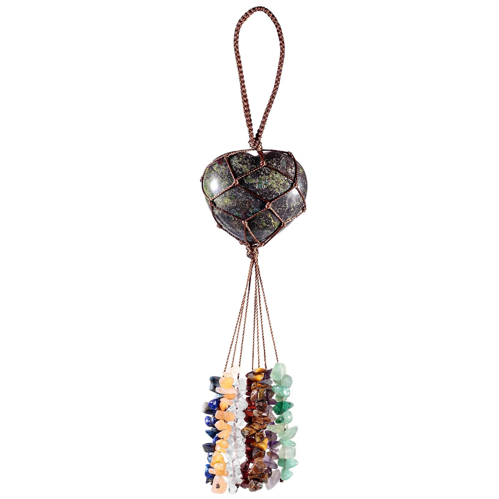KYEYGWO Dragon Bloodstone 7 Chakra Crystal Stone Heart Hanging Ornament, Reiki Healing Love Crystal Hanging Gemstone Heart Shaped Wall Hanging Window Decoration for Home Car Wedding