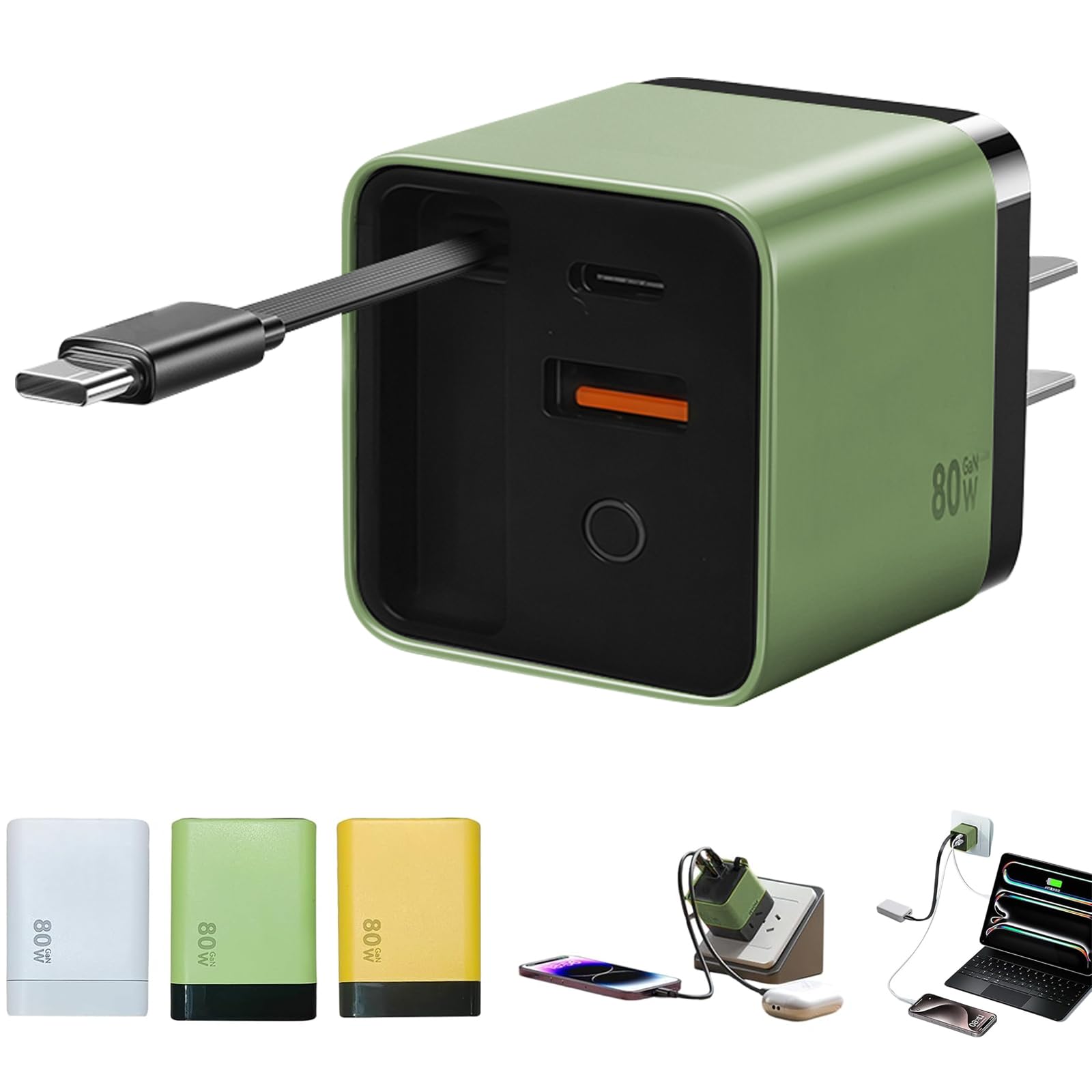 Photo 1 of 3 in 1 GaN Charger 80W,Scalable 80W Max Fast Charging Block with Type-C Cable & 2 USB Ports,80 Watt All in One Charger Retractable Cable for iPhone 16/15,Galaxy S25,Pixel,iPad,Laptops,Airpods