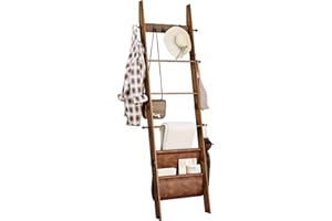 ELYKEN Blanket Ladder, 5-Tier Farmhouse Wooden Rack with Synthetic Leather Pocket, 4 Removable Hooks, Decorative Leaning Ladder Shelf, Walnut