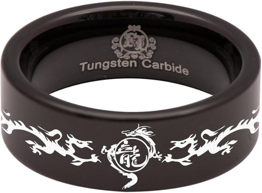 Friends of Irony Black Tungsten Carbide Chinese Dragon Ring Wedding Band Anniversary