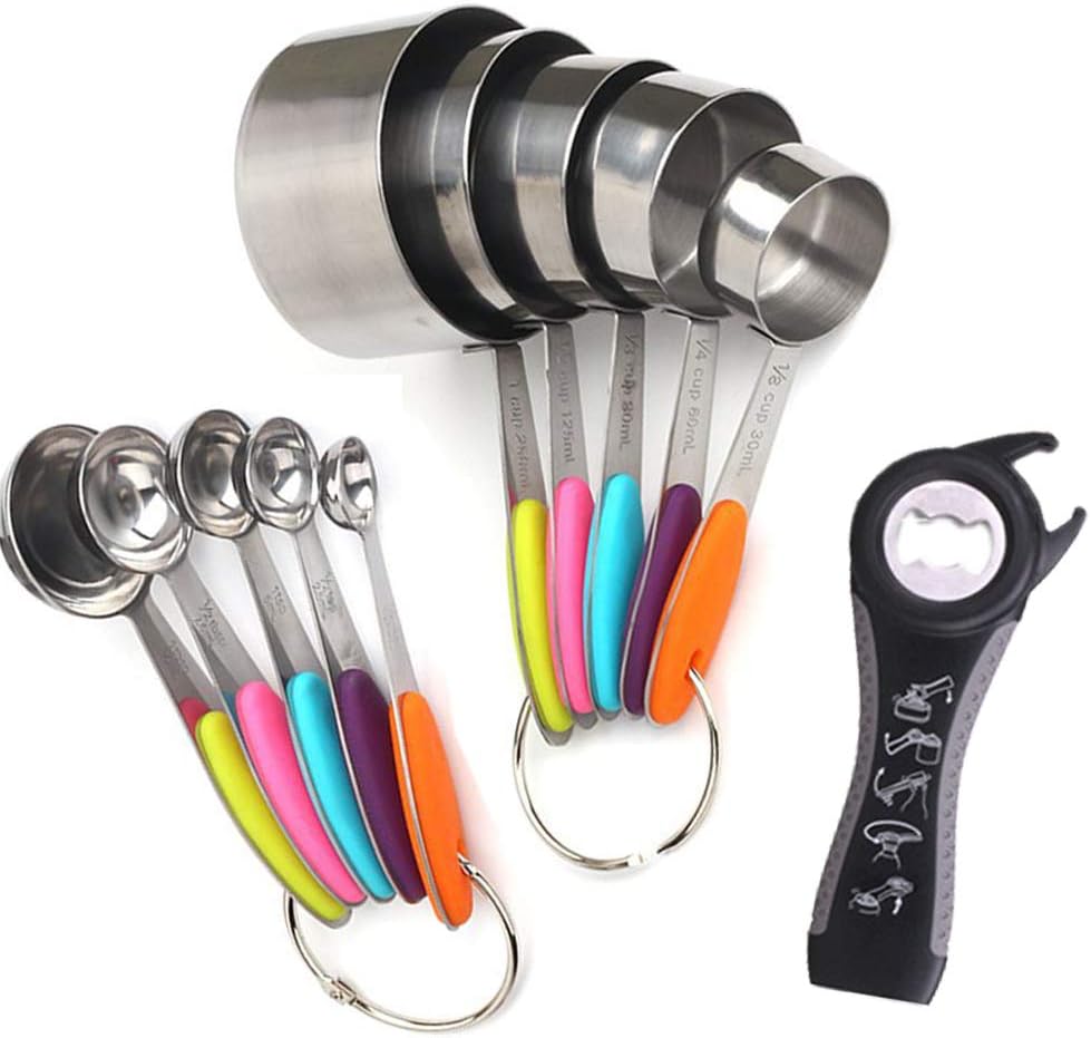 Atfung Breathing Measuring Cup Stainless Steel Measuring Spoon Cup with Silicone Handle + Multifunctional Bottle Opener for Kitchen Coffee Set of 11, Stainless Steel, 11er-Set