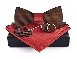 Men Red Woven Handkerchief Wooden Cufflinks Brooch