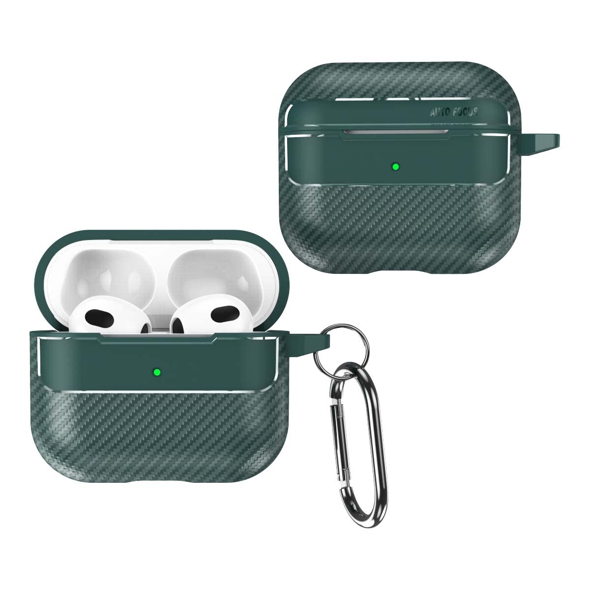 GOKEN Case for AirPods 3, TPU Shockproof Cover with Carbon Fiber Design [ Front LED Visible ], Support Wireless Charging with Carabiner, Green