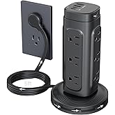TROND Tower Power Bar Surge Protector with PD 20W USB C, 5ft Retractable Flat Plug Extension Cord Indoor, 12 Widely Spaced Ou